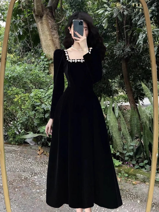 French Light Luxury Velvet Dress For Women 2024 Spring Autumn New High End Slim Black Square Neck Long And Short Style Dresses - Seprincess