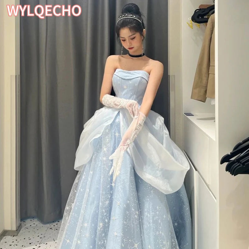 Blue Prom Dress Engagement Jacquard Dress France Vintage Sweet Korean Princess Fairy Dress Evening Party Dress - Seprincess