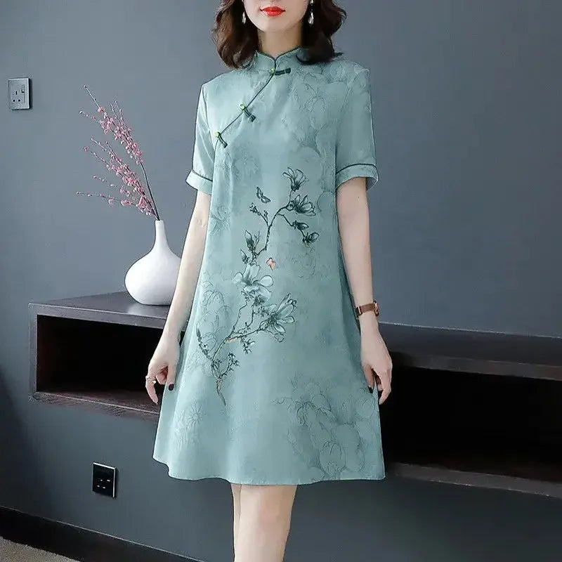 Large Size XL-5XL 2024 New Loose Fashion Modern Cheongsam Dress Women Short Sleeve Qipao Traditional Chinese Style Clothes 2492 - Seprincess