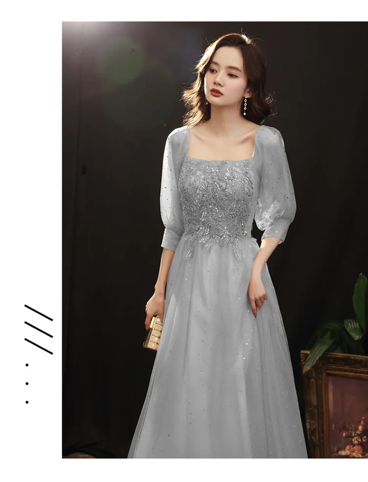 Grey Shining long lady girl women princess banquet party ballbridesmaid performance prom dress performance gown - Seprincess