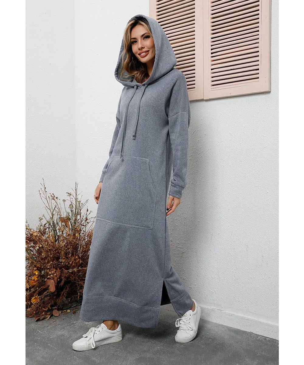 Autumn Winter Women's Loose Knitted Hooded Long Dress Plush Warm Casual Large Pocket Dresses For Women - Seprincess