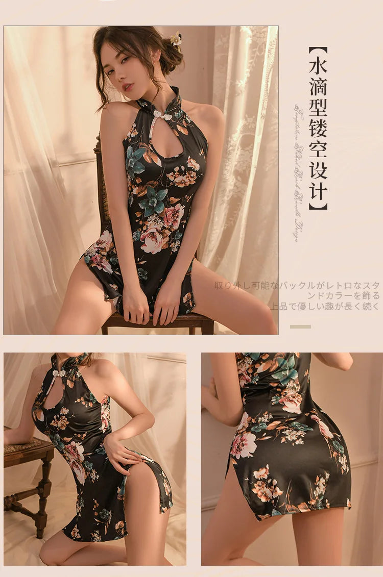 Retro Chinese Cheongsam Uniform Women Embroidered Transparent Cosplay Sexy Lingerie Pornos See Through Mini Qipao Dress Costumes - Seprincess