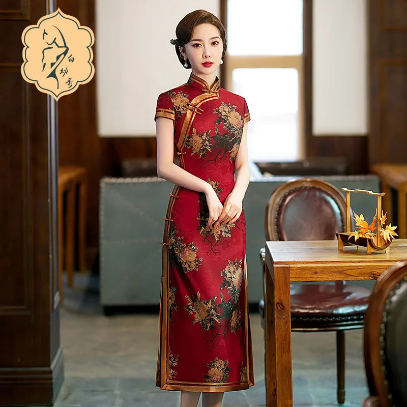 Chinese Cheongsam Traditional Wedding Qipao Woman Embroidery Elegant Split Dress Female Floral Bodycon Cheongsam - Seprincess