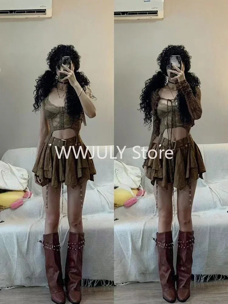 Harajuku Vintage Fashion 3 Piece Set Woman Short Cardigan + Slim Vest + Y2k E-Girl High Waist Skirt Hot Girls Korean Style Suit - Seprincess