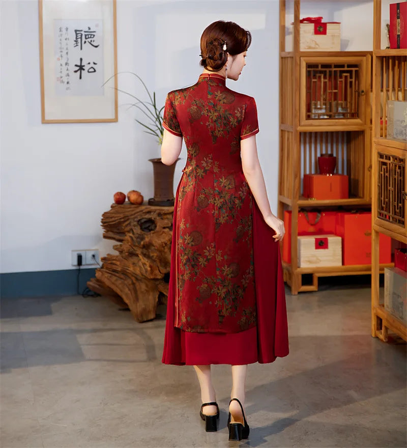 Burgundy Qipao Grace Improved Chinese Style Dresses Lady's Satin Cheongsam Summer Spring Ao Dai Flower Print Dress Oversize 4Xl - Seprincess