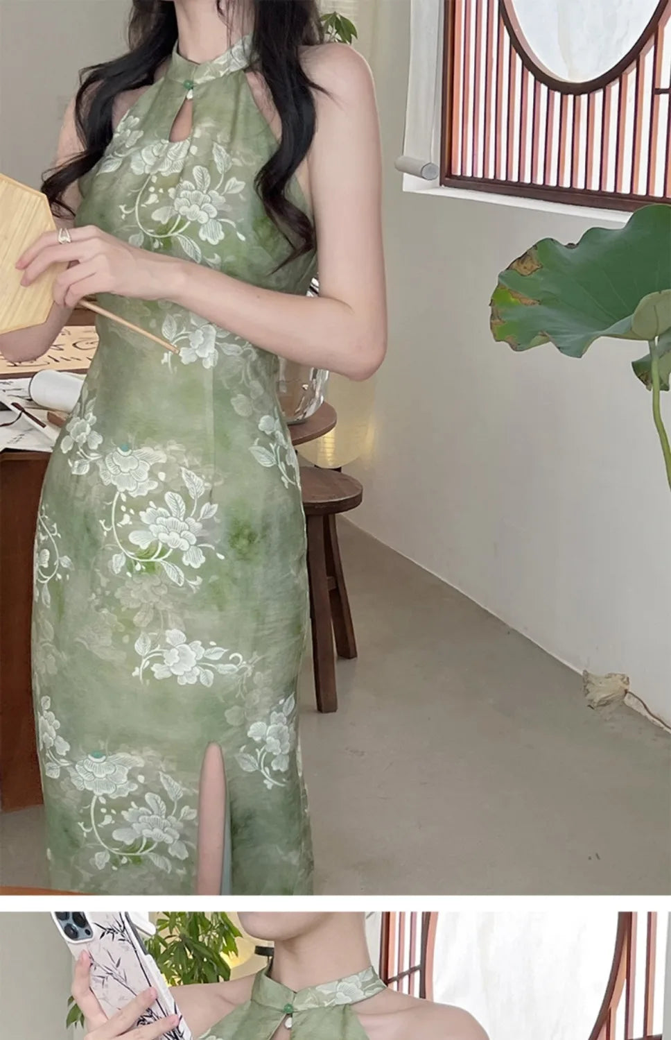 2024 New Improved Cheongsam Qipao Daily Summer Youth Style Elegant New Chinese Green Hanging Neck Evening Wedding Dress for Wome - Seprincess