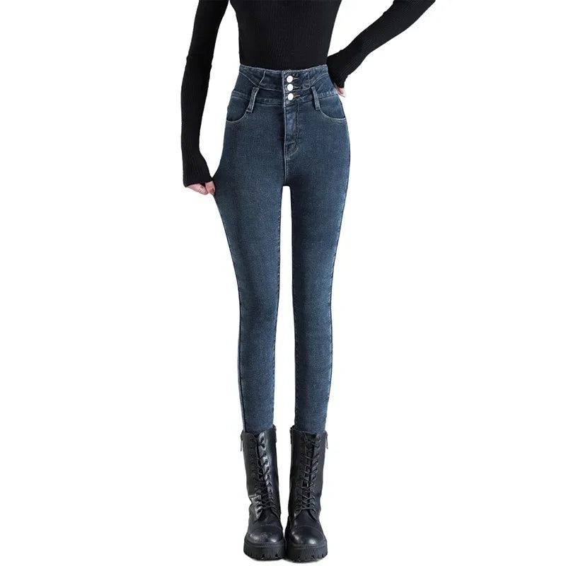 2023 Winter New Women's High-Waisted Elastic Korean Style Slimming Thickened Warm Fleece-Lined Jeans Outer Wear Small Foot Trous