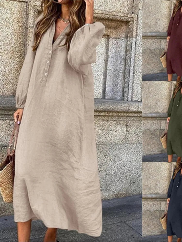 Women's Autumn New Cotton Linen Solid Color Long Sleeved Sexy V-neck Fashionable Button Long Casual Loose Comfortable Dress - Seprincess