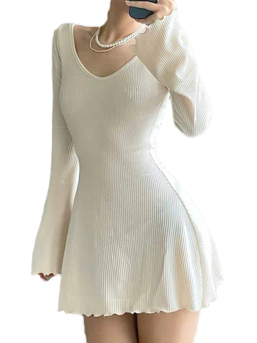 Women Solid Color Ribbed Long Sleeve V-Neck Slim Fit Party Mini Dress Fashion Spring Autumn Slim A-Line Dress - Seprincess