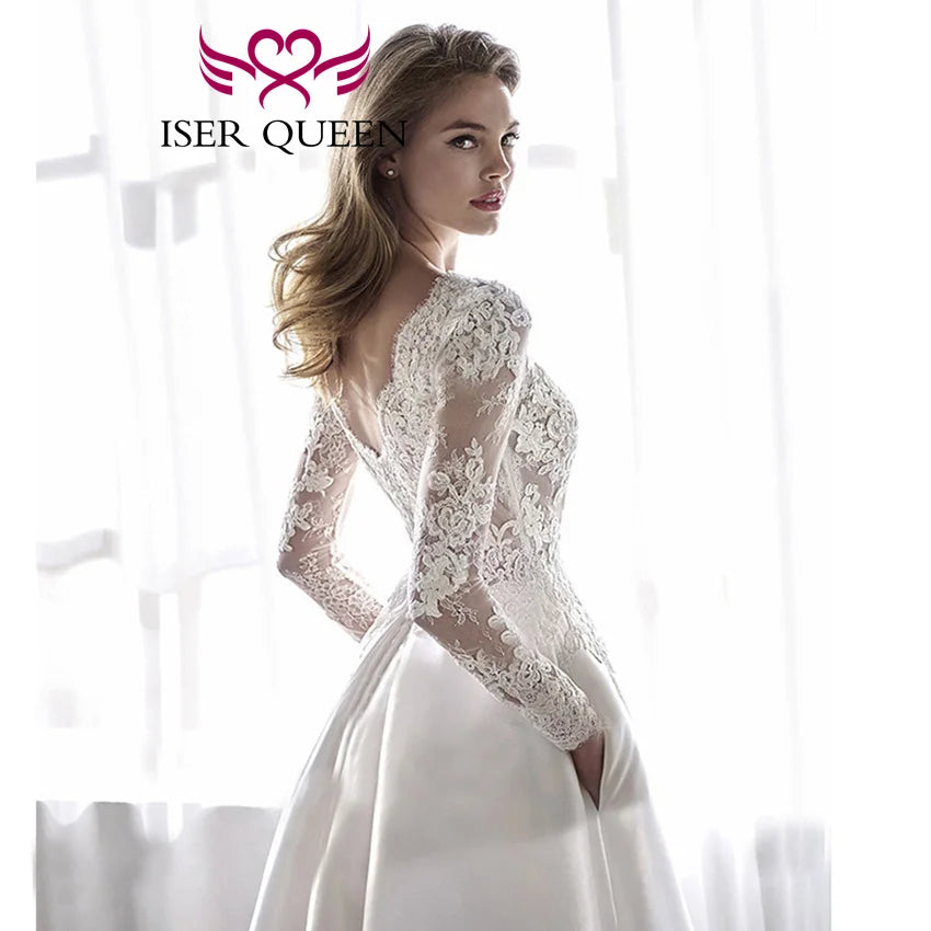 Europe Simple Satin Wedding Dress  2024 A Line Long Sleeves Lace Appliques On The Top Boat Neck Vestidos De Novia W1241 - Seprincess