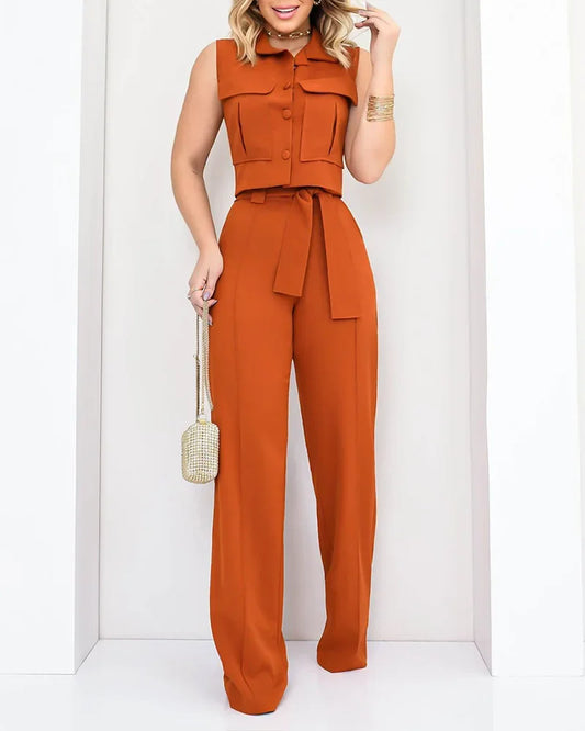 Women Single-Breasted Solid Top 2PCS Outfit 2024 Spring Summer Loungewear Wide Leg Pants Matching Sets Elegant Ladies Suits - Seprincess