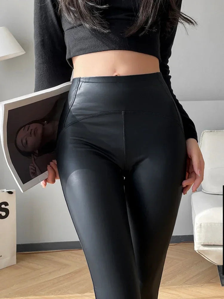 Autumn Winter Black High Waist Tights Stretch Soft Thin Fleece Leggings for Women Pants Sexy Slimming Pu Leather Leggings Women