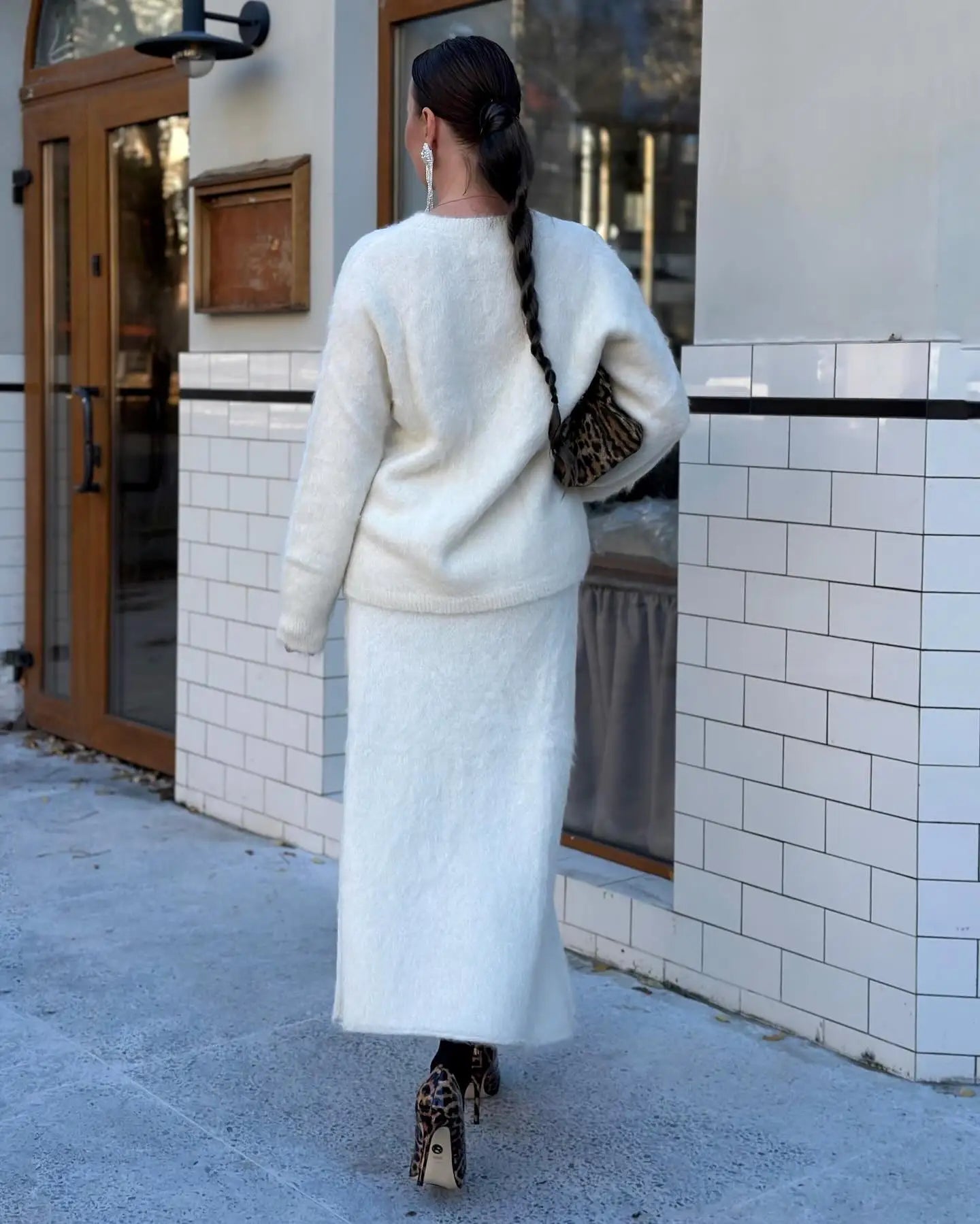 Fashion Solid Mohair Knit Long Skirt Sets Women O Neck Full Sleeves Pullover Sweater Autumn Female High Street Commute Outfits - Seprincess