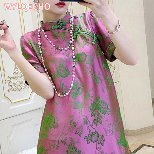 2023 New Improved Flower Printed Chinese Qipao Dress Spring Summer Short Sleeve Stand Collar Women Retro Fashion Cheongsam - Seprincess