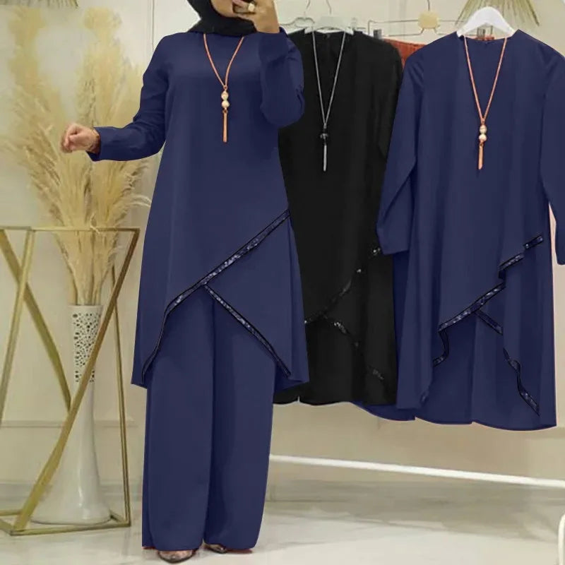 Women Eid Musulman Ensemble Muslim Sets Solid Blouses Wide Leg Pants Ramadan Morocco Two Pieces Dubai Kaftan Loose Modest - Seprincess