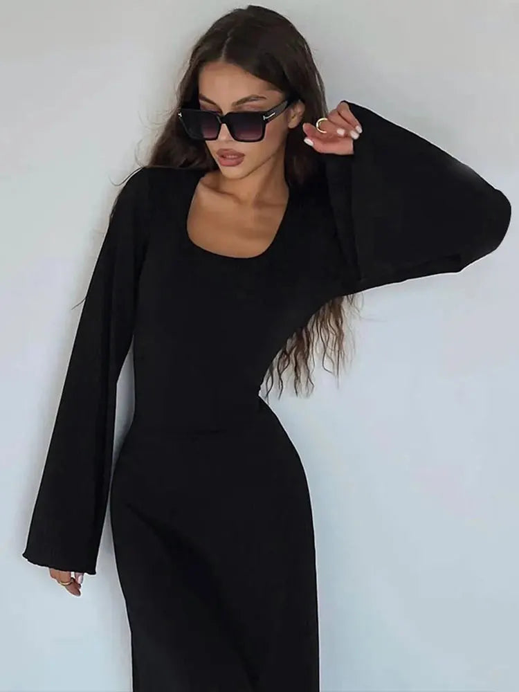 Dulzura Solid Ribbed Trumpet Sleeves Maxi Dress Back Lace-Up Straps Elegant Casual 2023 Autumn Winter For Women Birthday - Seprincess