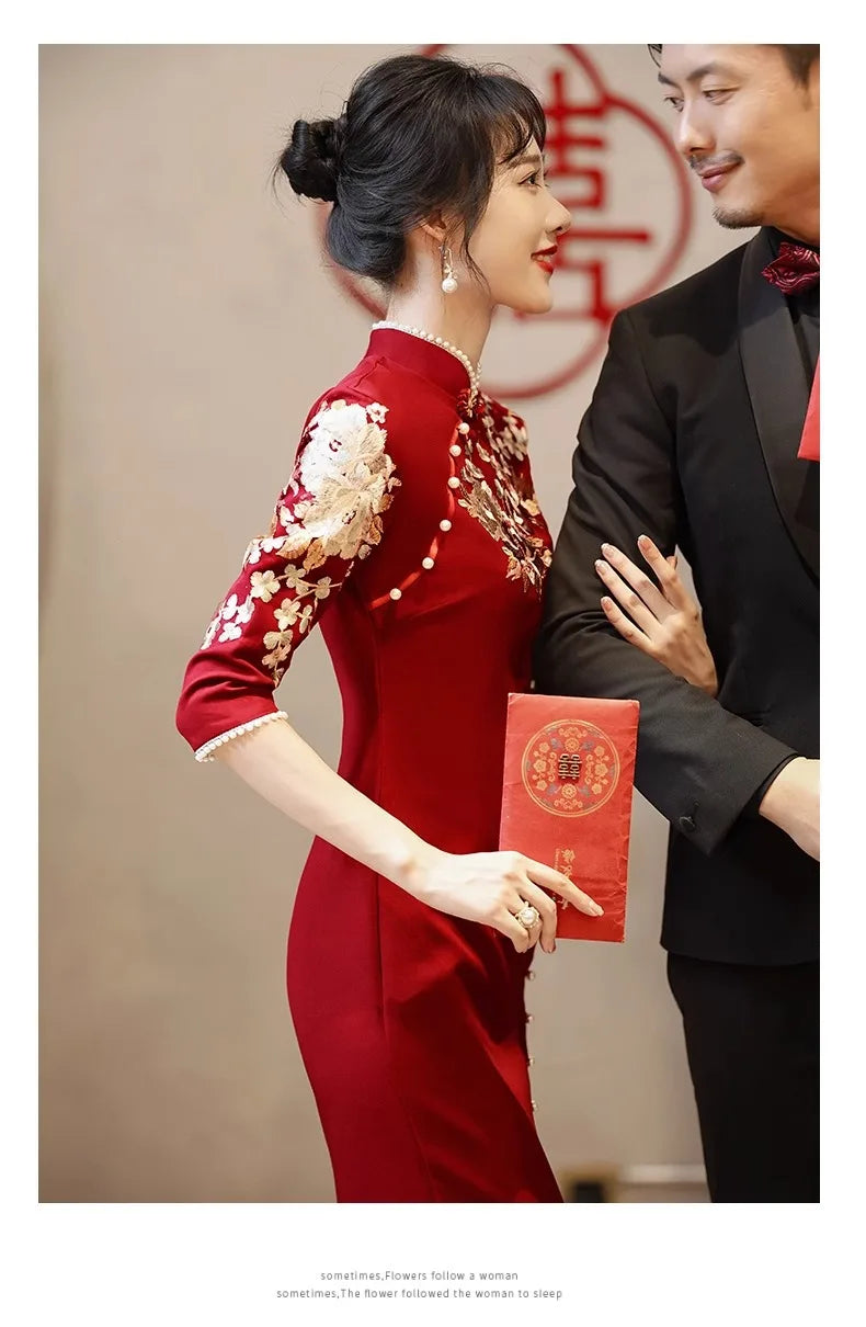 Burgundy Wedding Cheongsam Engagement Dress New Chinese Qipao Toast Clothes Retro Mandarin Collar Improved Sexy Slit Slim Dress - Seprincess