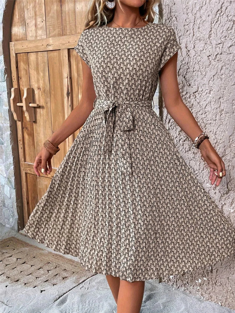 Elegant Print Lace-up Dress Summer Women Round Neck Pleated Medium Long Dress - Seprincess