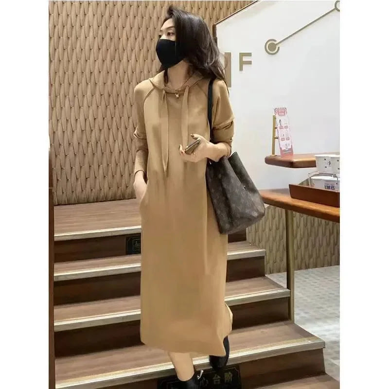 Autumn and Winter Hooded Knee Length Slimming Dress Women's Korean Version Solid Color Plus Size Slim Fit Hoodie Dress - Seprincess