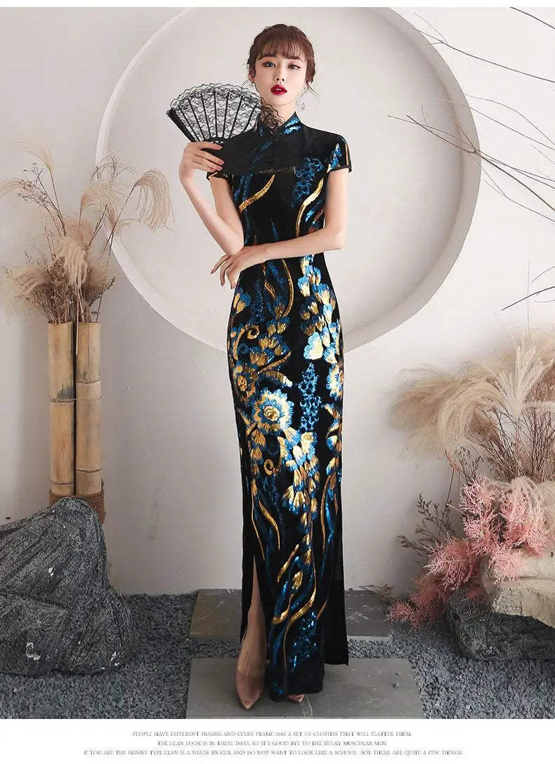 2024 temperament banquet formal dress gold graceful gorgeous thread embroidery qipao dress new retro improved chinese cheongsam - Seprincess