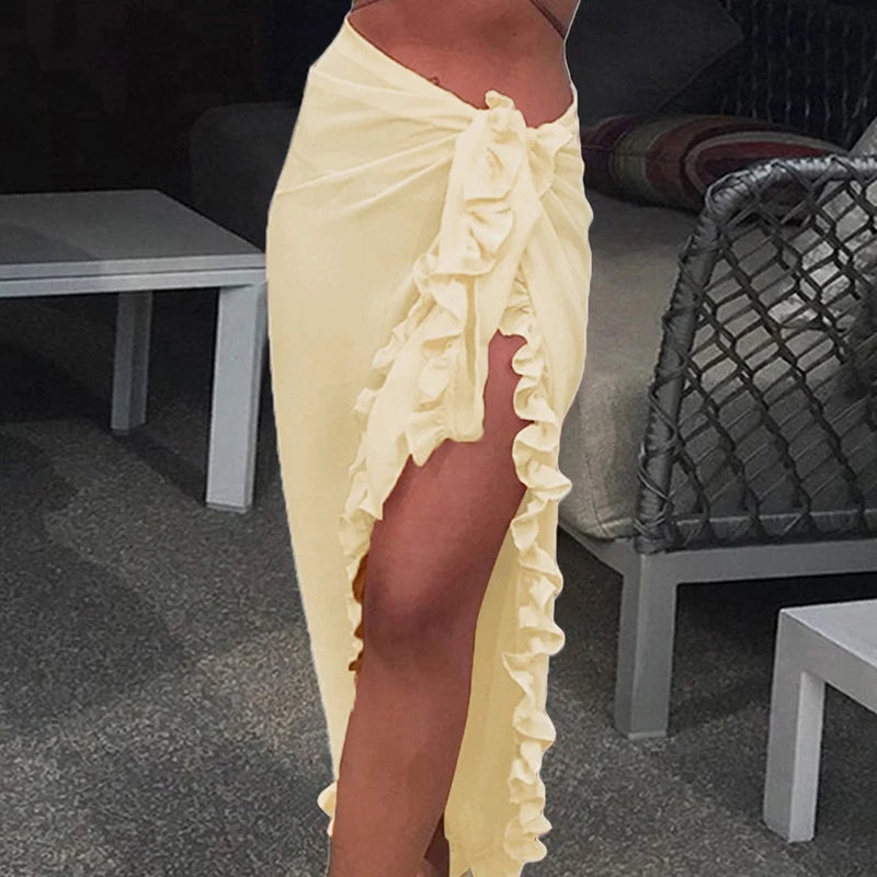 Women Chiffon See-Through Beach Bikini Cover Up Wrap Scarf Swimwear Pareo Sarong Dress Solid Ruffle Casual Beach Dress - Seprincess