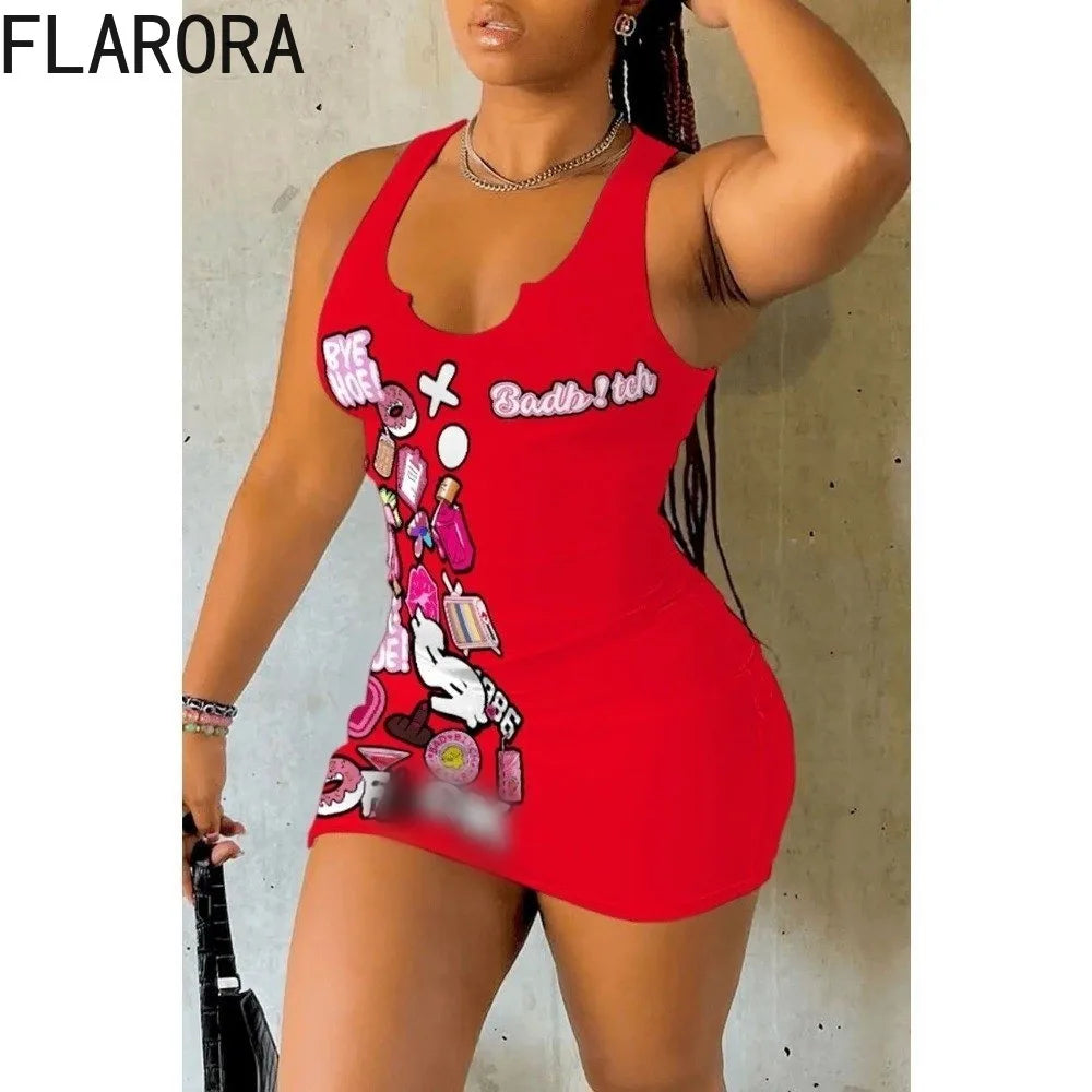 FLARORA Elegant Dresses for Woman 2024 New Woman Sleeveless Printing Bodycon Mini Dress Sexy Fitted Short Dress Y2k Streetwear - Seprincess