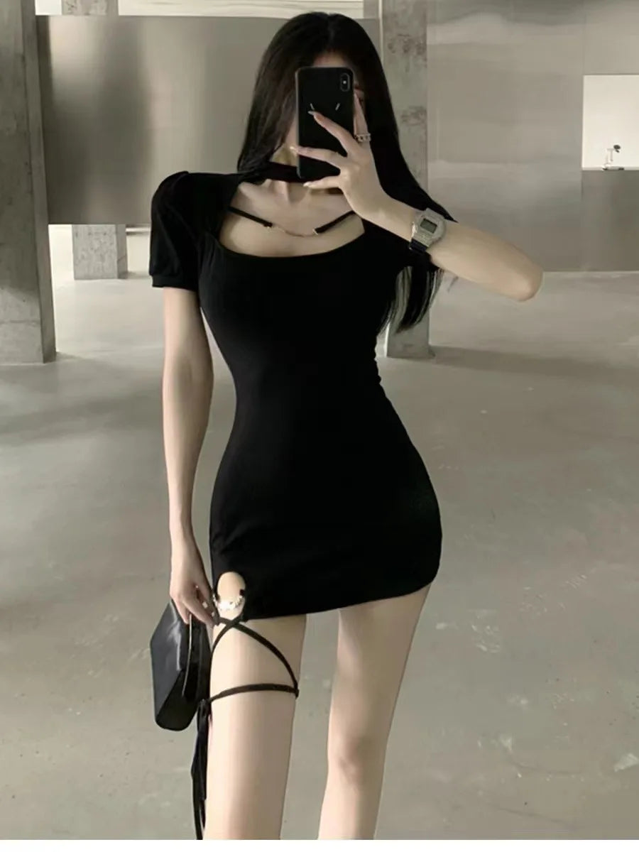 Black Hollow Out Spicy Girl Dress Women's 2024 Summer New Sexy Nightclub Short Sleeved T-shirt Skirt Wrap Hip Short Skirt XGIO - Seprincess