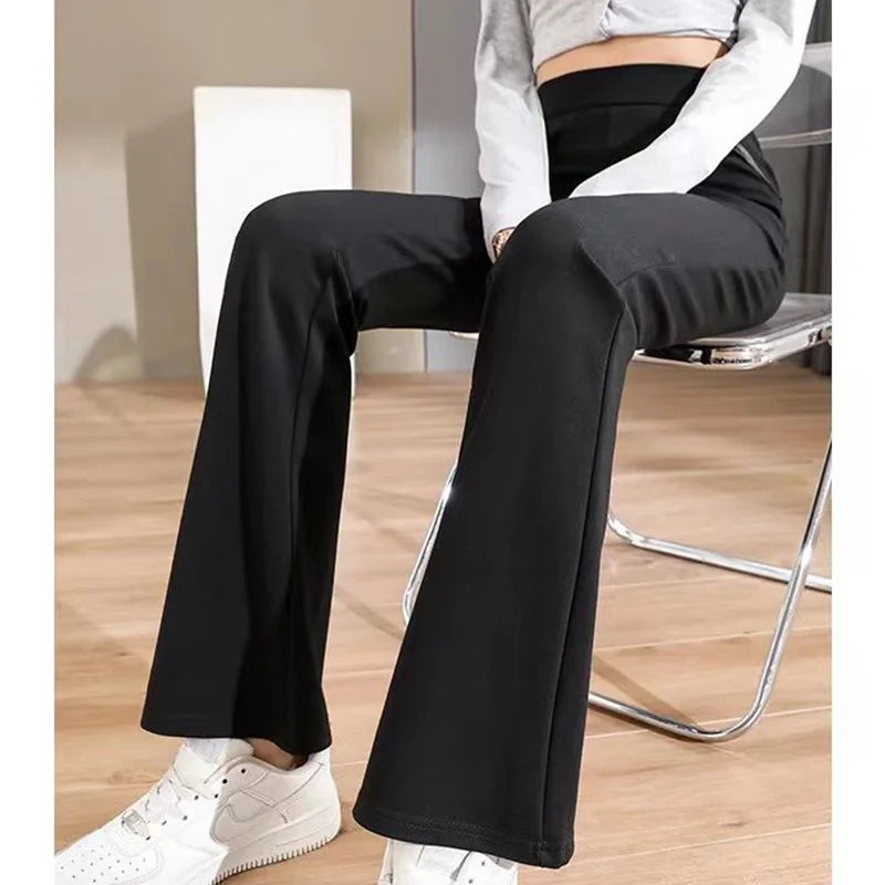 Black All-match Patchwork Pockets Classics Micro Flare Trousers Summer Thin Ventilate Elastic High Waist Women's Casual Pants