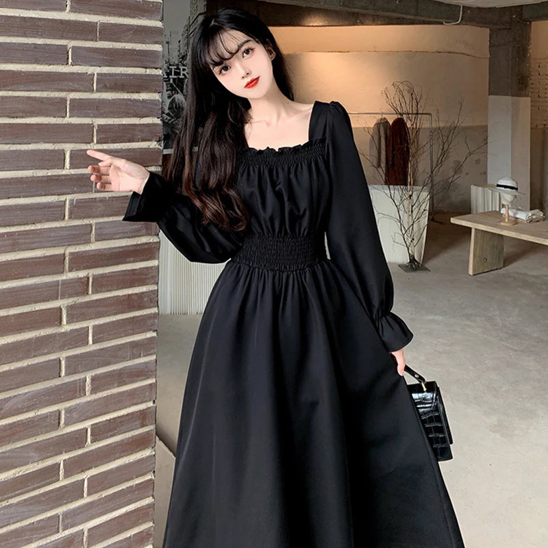 Women Black Folds Elegant Long Dress Retro Loose Sweet Square Collar Female Dress Spring Autumn All Match Casual Ladies Vestidos - Seprincess