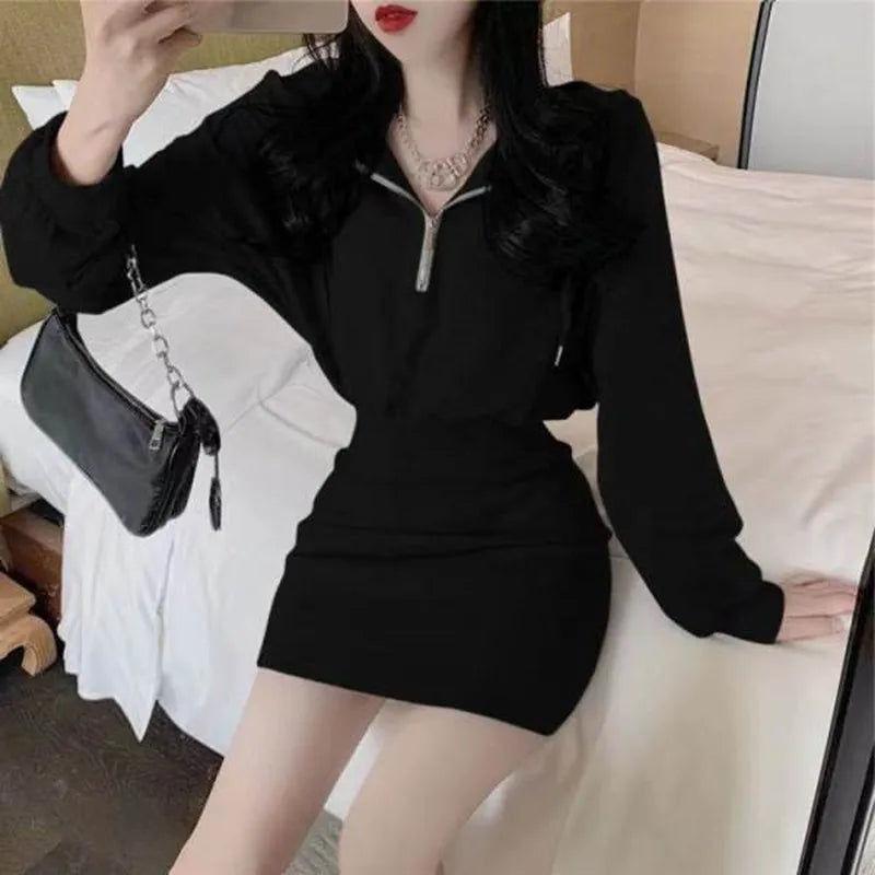 Sexy Slim Female Dress 2022 Summer New Solid Puff Long Sleeve Short Hooded Sweater Skirt High Waist Bag Hip Women Dresses - Seprincess