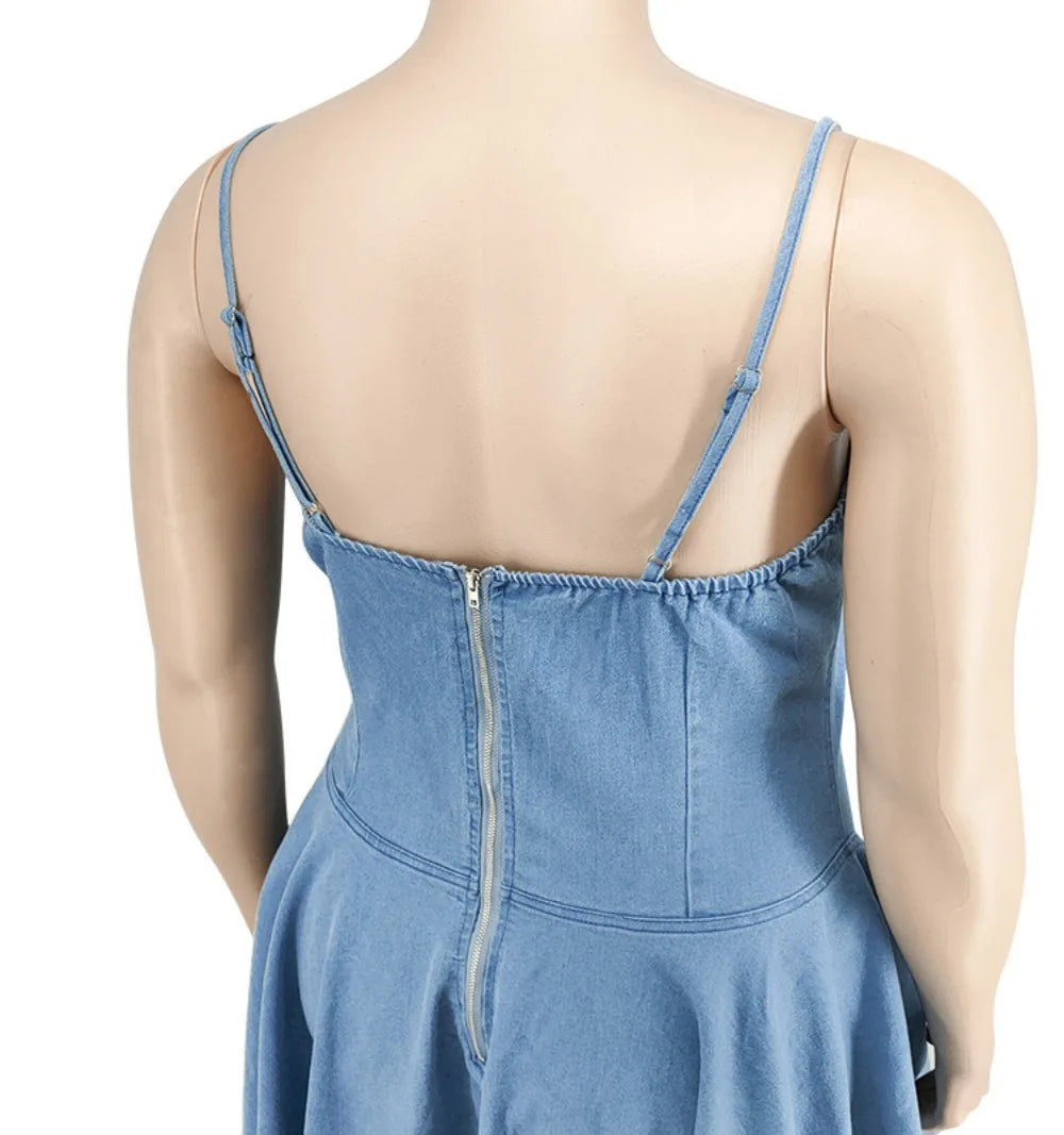 HLJ&GG Plus Size Women Denim Lace Up Suspenders Dresses Sexy Thin Sleeveless Backless Ruched Mini Dress Female Cowboy Clothing - Seprincess