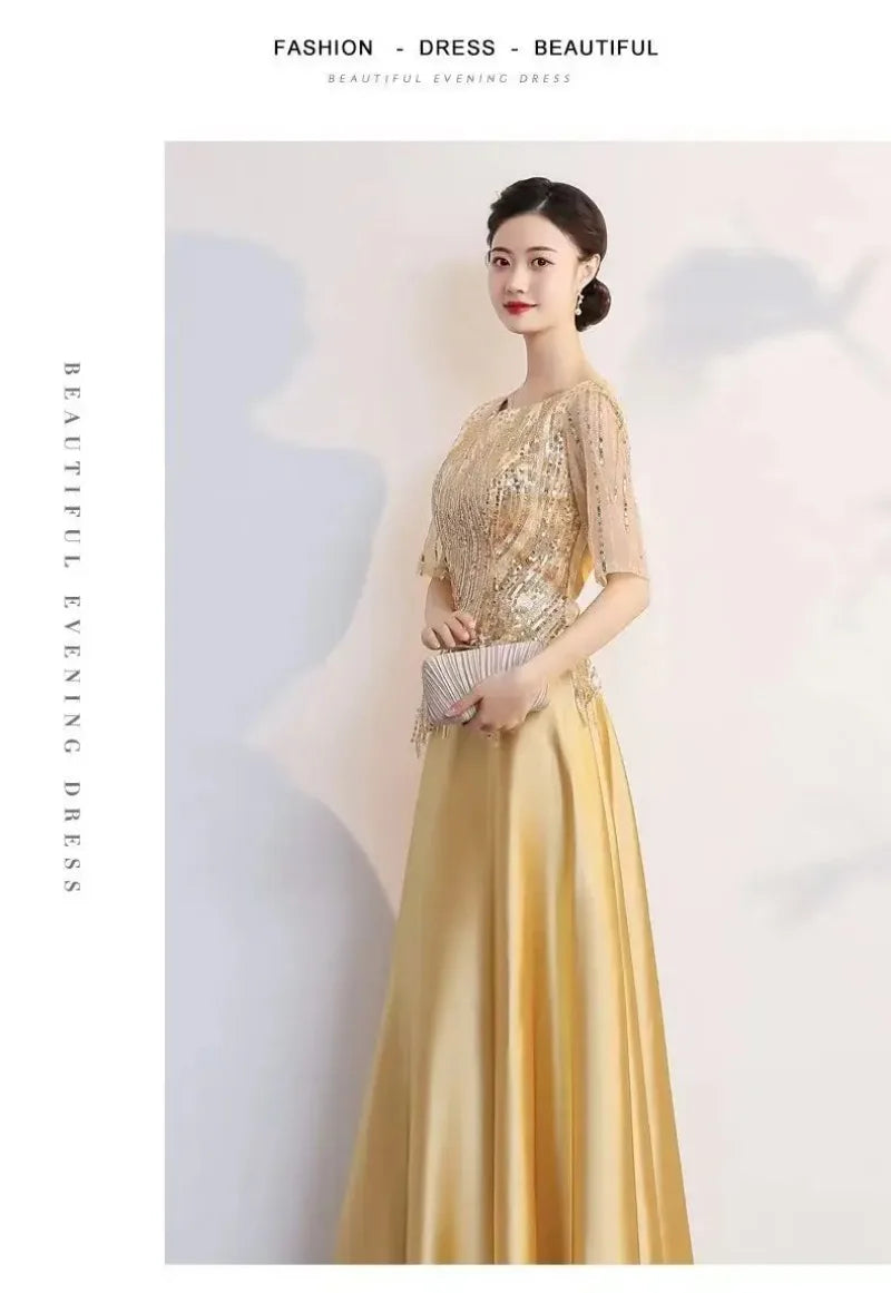 Autumn Women Sequins Long Satin Slip Dress Spaghetti Strap Party Dress Elegant Gold Silk Sexy Maxi Long Dress Club Wear New - Seprincess