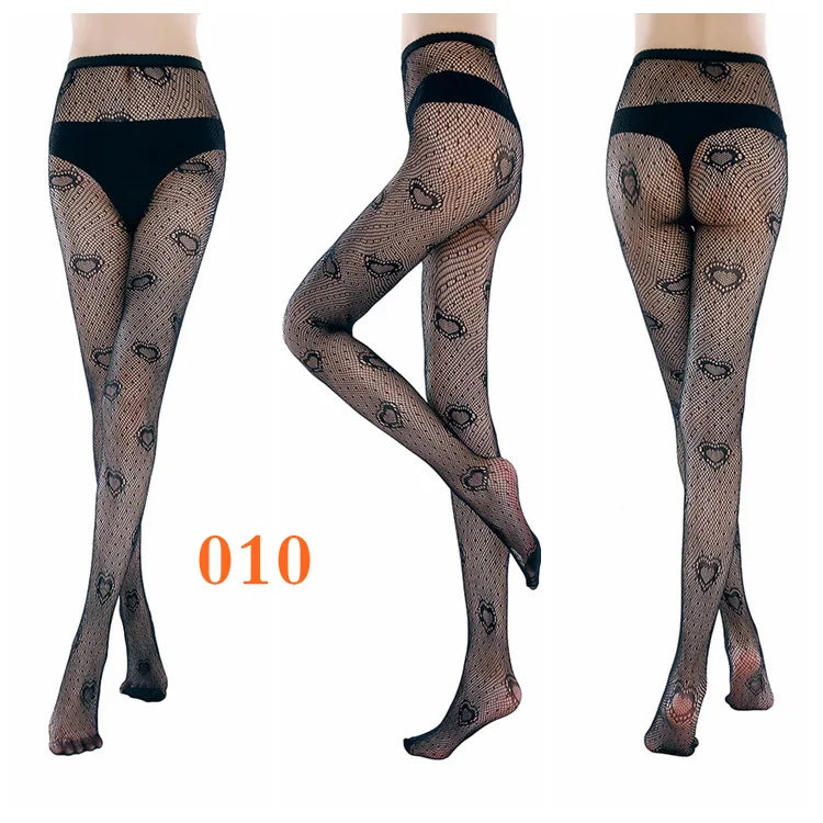 Sexy women seamless pantyhose net tight nylon print stocking fishnet mesh female hosiery love back vertical silk stockings PR09