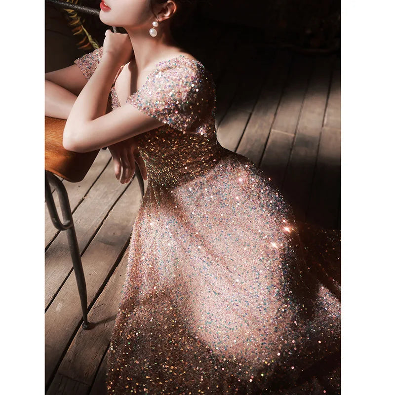 Elegant Pink Sequined Evening Dress Female Floor Length A-Line Square Collar Prom Gown Simple Light Luxury Glitter Party Vestido - Seprincess