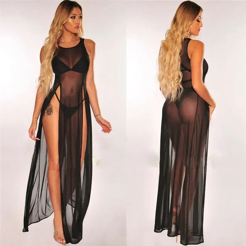 Women Sexy Long Dress Mesh Sheer See Through Bikini Cover Up Beach Sundress Solid Long Dress Sleeveless Strap Dress - Seprincess