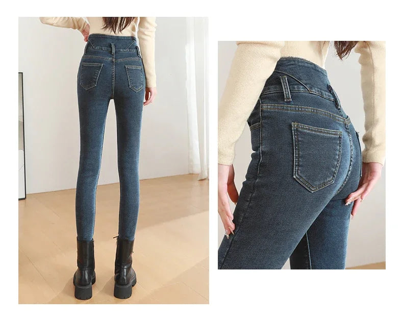 Black Fleece Warm Women Winter Jeans Thickened High Waist Multi-button Skinny Stretch Denim Pants Fashion Korean Female Trousers