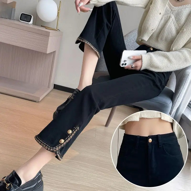 Winter Fashion Luxury Women's Clothing Slim Pants Elastic Force Solid Color Panelled Button Slit Straight Tube Cropped Trousers