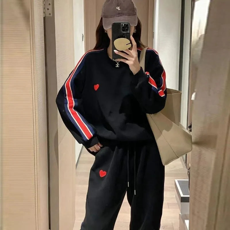 Autumn Cute Love Embroidery Pant Sets Two Pieces Tracksuits Khaki Side Striped Sweatshirt Women Girls Loose Sporty Korean Style - Seprincess