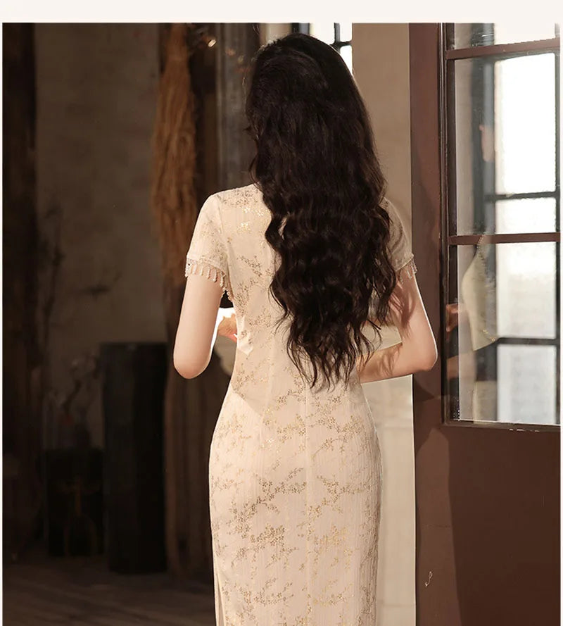 Women Summer Lace Gold Cheongsam Dress New French Style Wedding Evening Dress Vintage Female Tassels Sleeve Qipao S To 3XXL - Seprincess