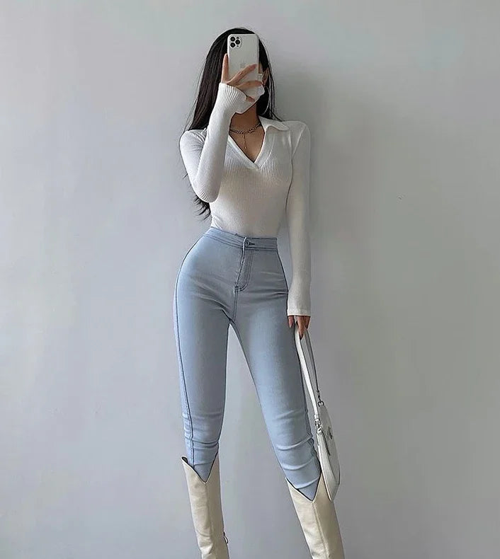 Slim Fit Pants for Women with Pockets High Waist Shot Trousers Skinny Gray Womens Jeans New in 2000s Y2k R Vintage Shiny on Sale