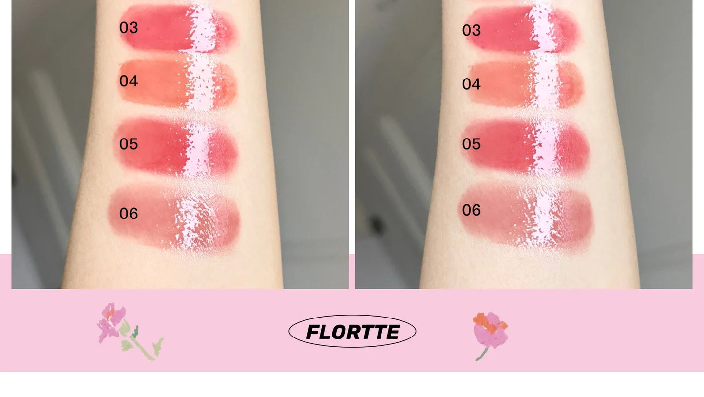 FLORTTE Lipstick Blooming Lovely Series Mirror Water Lip Glaze  Not Easy to Stick Cup Solid Lip Balm Cute Girls Makeup