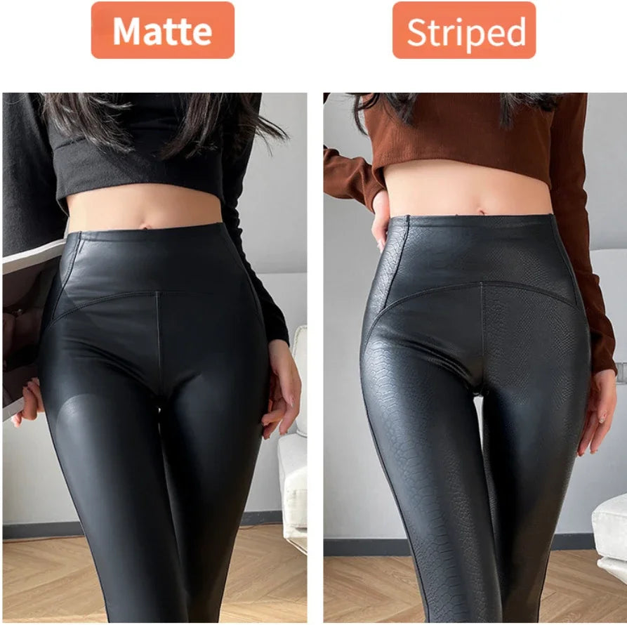 Autumn Winter Black High Waist Tights Stretch Soft Thin Fleece Leggings for Women Pants Sexy Slimming Pu Leather Leggings Women