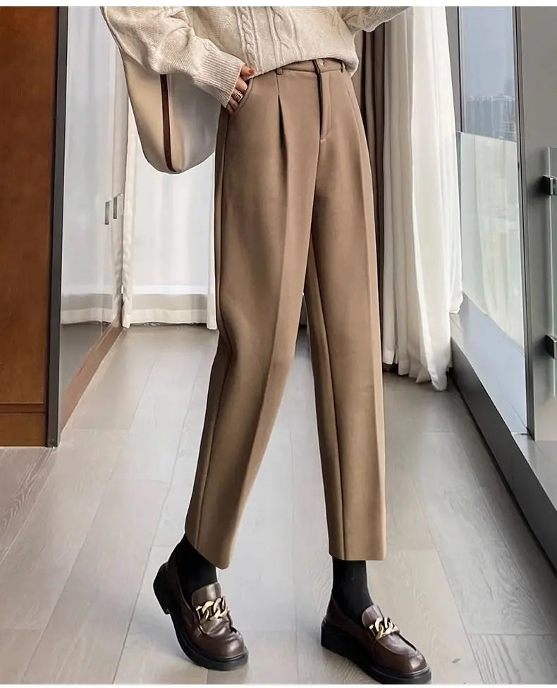 Simplicity Autumn Women Woolen Suit Pants Solid Pockets Button Elastic High Waist Fashion Straight Thicken Ankle Length Trousers