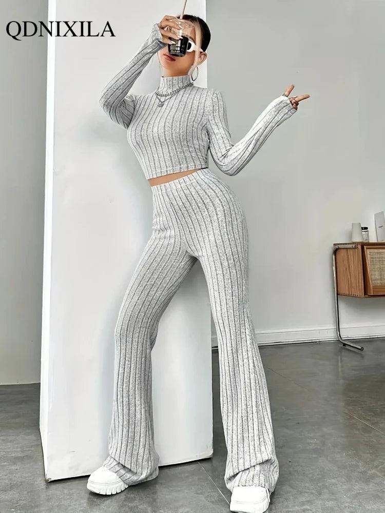 Elegant Women's Sets 2024 Autumn Hight Waist Casual Knit Pants Sets Korean Fashion Turtleneck Pullover 2 Piece Sets Women Outfit - Seprincess