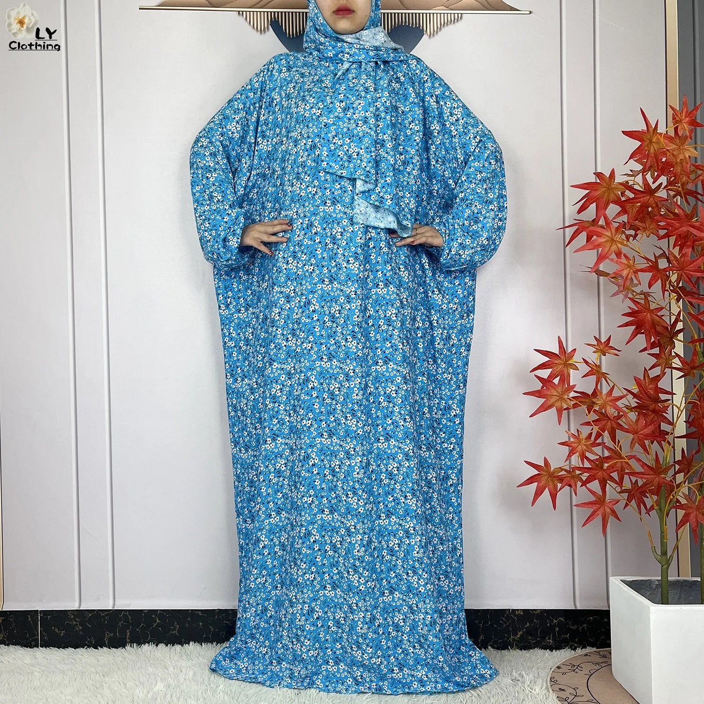 2024Latest Muslim Abayas For Women Ramadan Prayer Maxi Dubai Turkey Femme Cotton Robe Floral Loose African Dress Turban Attached