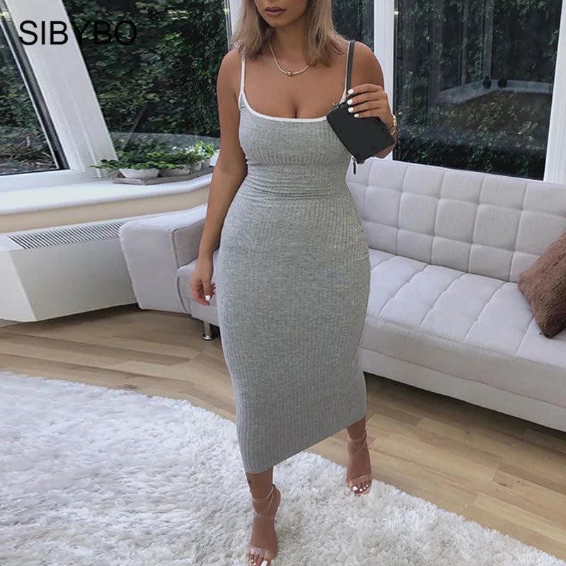 SIBYBO Ribbed Spaghetti Strap Cotton Dress Women Sleeveless O-Neck Summer Dress Solid Backless Long Party Dress - Seprincess