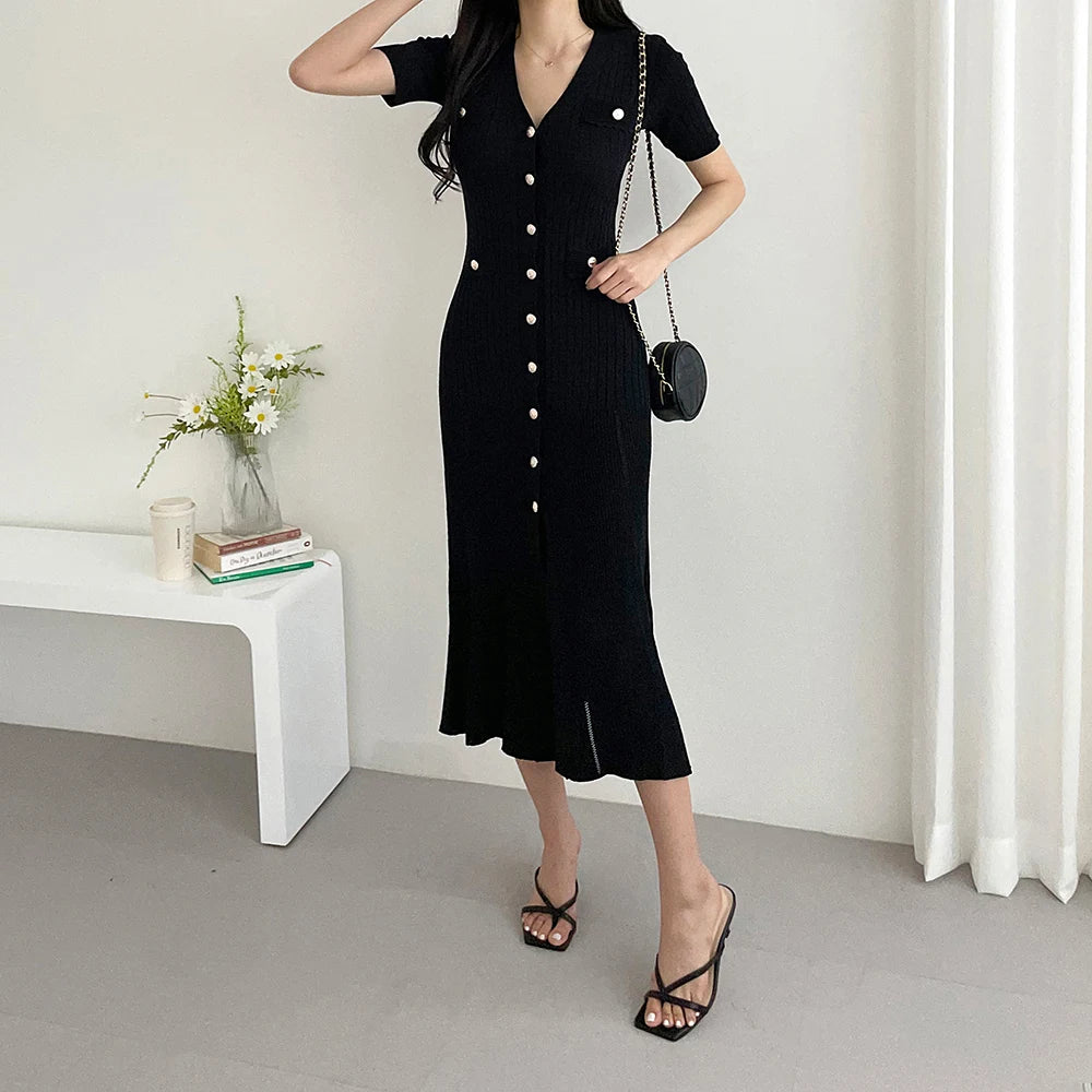 Summer Midi Dress Women Knitted Black Bodycon Korea Style Ruffle Ladies Dresses Elegant Fashion Casual Woman Dress 2024 - Seprincess