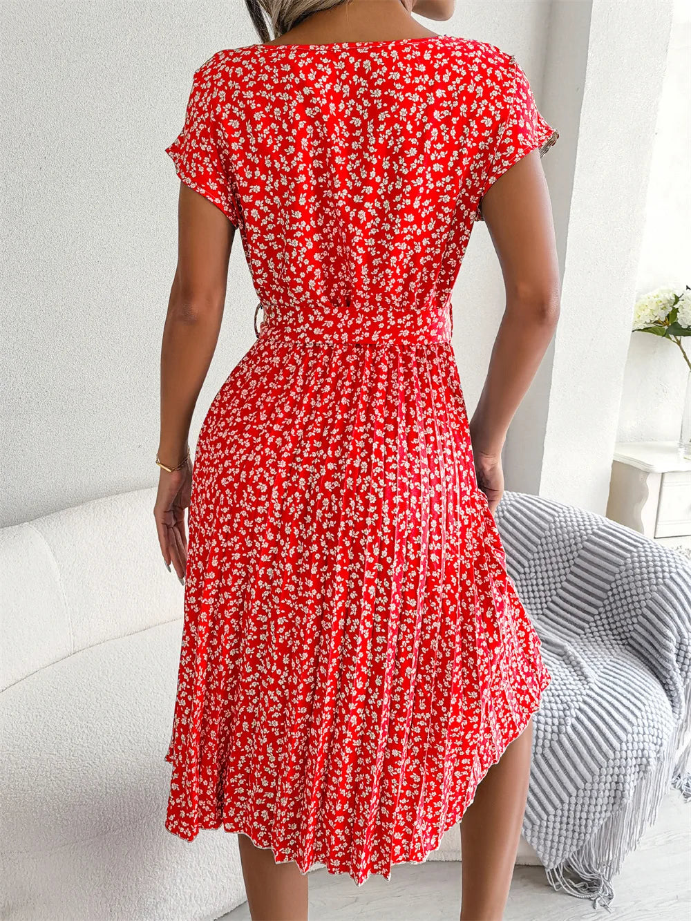 Women Spring Summer Short Sleeve High Waist Chic Dress Fashion Floral Pleated A Line Long Dress - Seprincess