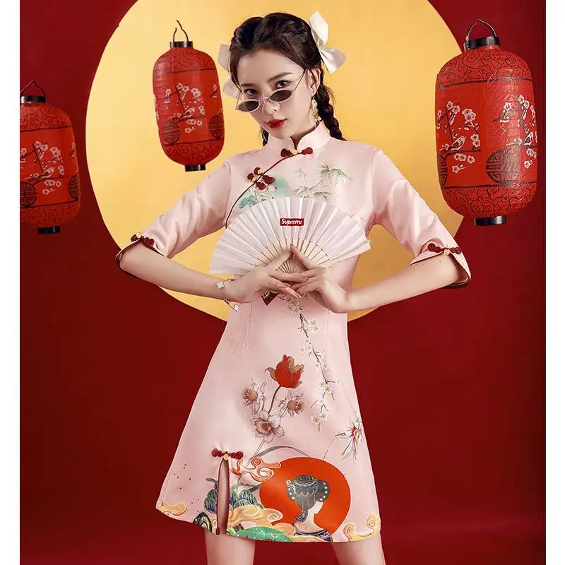 2024 Spring Cheongsam Traditional Chinese Qipao Costume Trendy Short Vintage Dress Sexy Women Modern New Year Dresses New - Seprincess