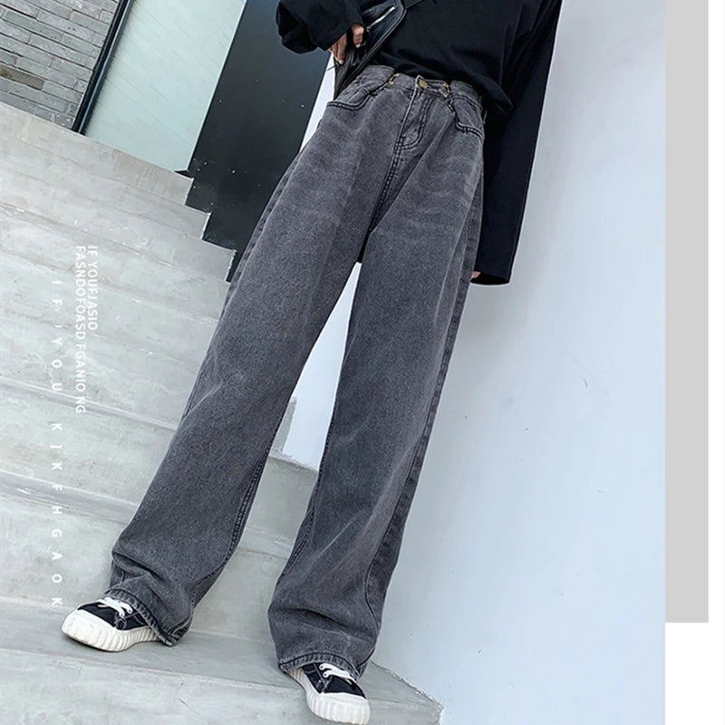 Women's Pants 2022 Streetwear Straight Solid Color High Waist Trouser Baggy Fashion Girl Student Jeans Wide Leg Mom Denim Pants